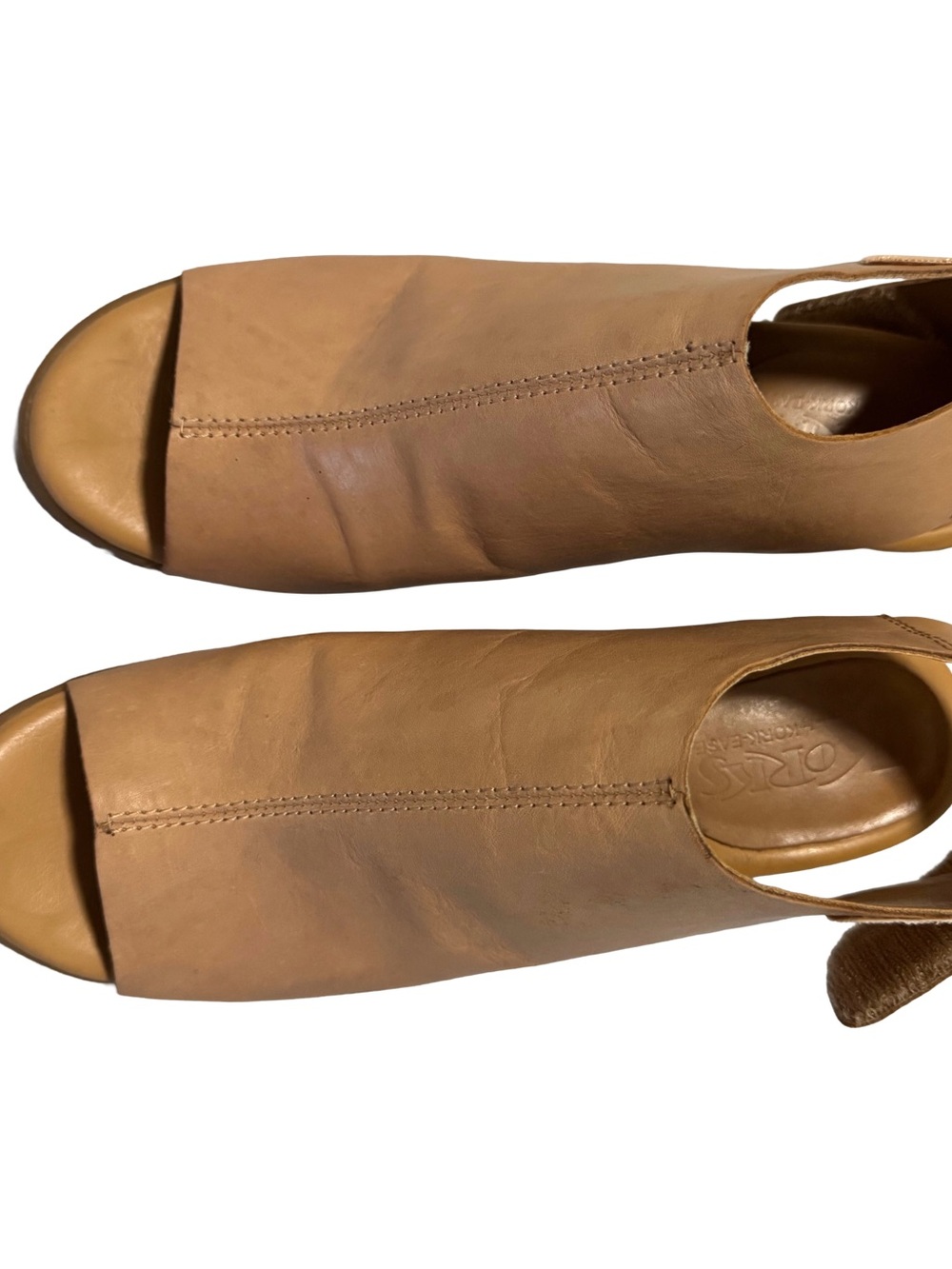Korks Tan Leather Peep Toe Slingback Block Heel Mule Booties Size 8 / 39